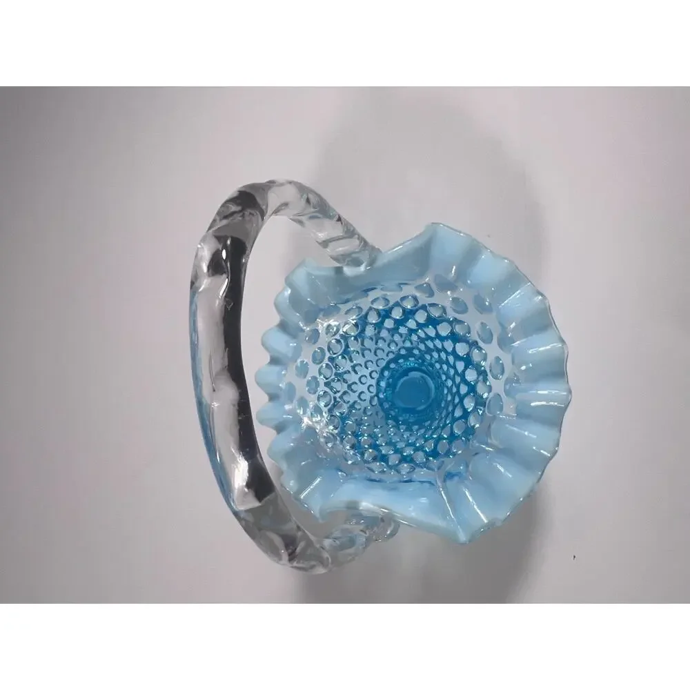 Vintage Fenton Small Hobnail Basket Teal blue with Opalescent Edge
